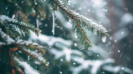 Fir tree branches with melting snow and icicles in a winter forest
