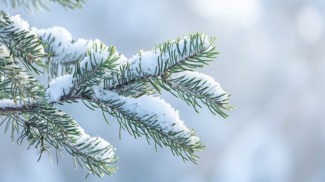 Fir branch on snowy backdrop