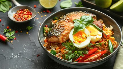 Fish and boiled egg combined with fried berry flavored rice