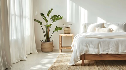 Minimalist side table with clean lines and wood finish in a bright bedroom