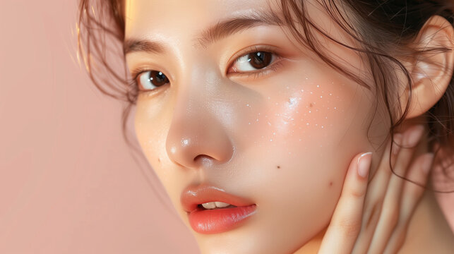 South Korean Woman Gently Exfoliating Acne with Gluconolactone, Revealing Clear Skin and Smooth Complexio