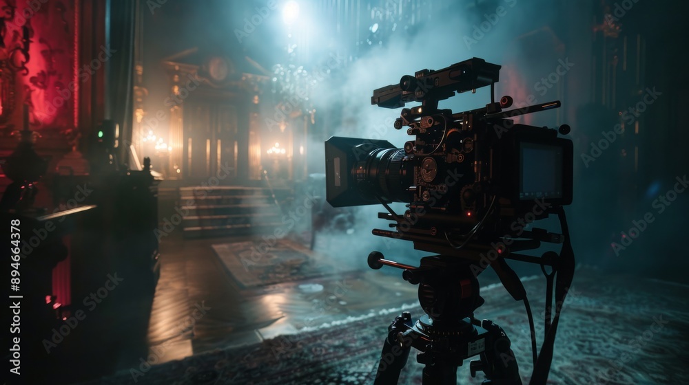 Poster A film camera is set up on a tripod on a dark set. The camera is pointed towards a backdrop of a set with red and blue lighting, smoke, and candles.
