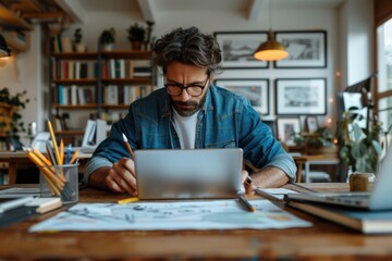 An individual is deeply focused and working on a laptop at a decorated wooden desk in a cozy, well-lit room filled with books, plants, and accessories.