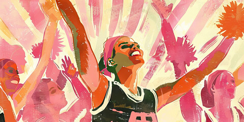 A cheerleader mid-routine, her team behind her, arms interlocked and voices raised in unison, cheering on their favorite players