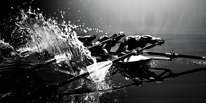 A rowing team of four rowers in a coxless boat, rowing in sync and powering through the water.