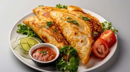 Masala Dosa Served On A Plate, Top View With A White Background, Showcasing A Delicious Meal