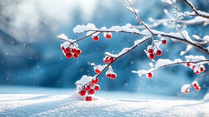 A branch covered in snow and red berries