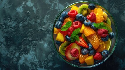 A refreshing fruit salad with a variety of colorful fruits in a glass bowl.