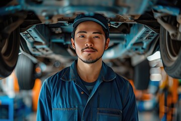 Man repairing a car in auto repair shop. Serious young Asian man standing in his car repair workshop and looking at camera.