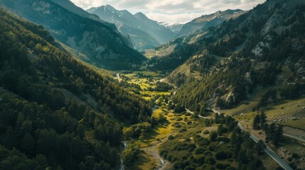 Naklejka premium Create an aerial view of the lush mountain landscape in Vall d'Incles, Canillo, Andorra. Emphasize the rich greenery and natural beauty of the mountainous terrain. Capture the expansive and vibrant sc