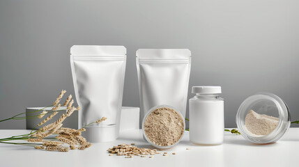 Elegant White Flexible Pouches Mockup with Oat Extract on Clean Gray Backdrop – Cool Color Grading and Minimalist Design
