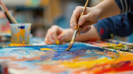 Naklejka premium A student painting a colorful picture in art class, focused on their work