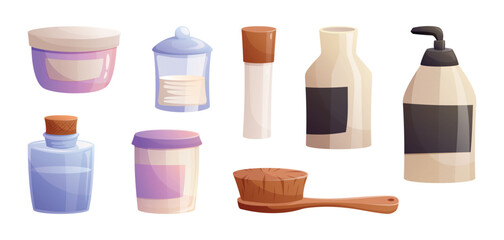 A collection of jars and bottles with soap, shampoo and other beauty and hygiene products. Set of vector isolated cartoon illustrations.