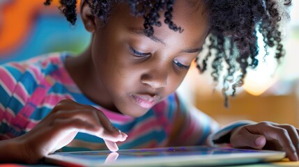 A student using a digital tablet for an interactive learning activity.