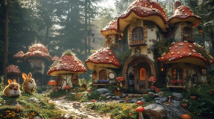 Obraz premium A quaint, fairytale schoolhouse made of mushrooms sits in a lush forest, with two bunnies sitting in front.