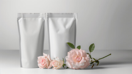 Minimalistic Front View of White Flexible Pouches with Rose Extract, Clean Gray Background, Aesthetic Cool Color Grading, Fashion Product Photography