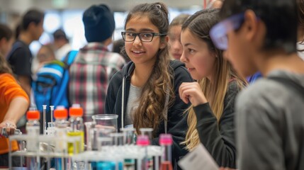A group of students participating in a science fair, presenting their projects.