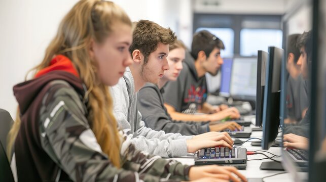 A group of students working together on a coding project in a computer lab.