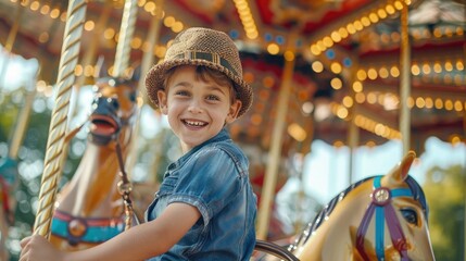Fototapeta premium A kid riding a carousel horse with a big smile on a sunny day.