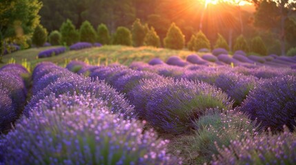 Naklejka premium A lavender farm at sunset, with rows of blooming lavender.