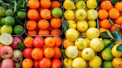 A market display of colorful citrus fruits, including oranges, lemons, and limes.