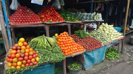 A market stall with a colorful array of fresh fruits and vegetables.