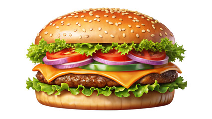 A hamburger on a white background with cheese, lettuce, tomato, meat, and a sesame seed bun