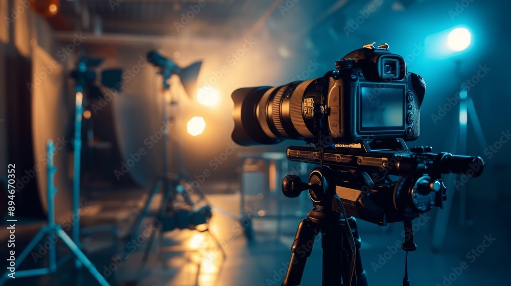 Poster a professional camera is mounted on a tripod in a dimly lit studio, with lighting equipment visible 