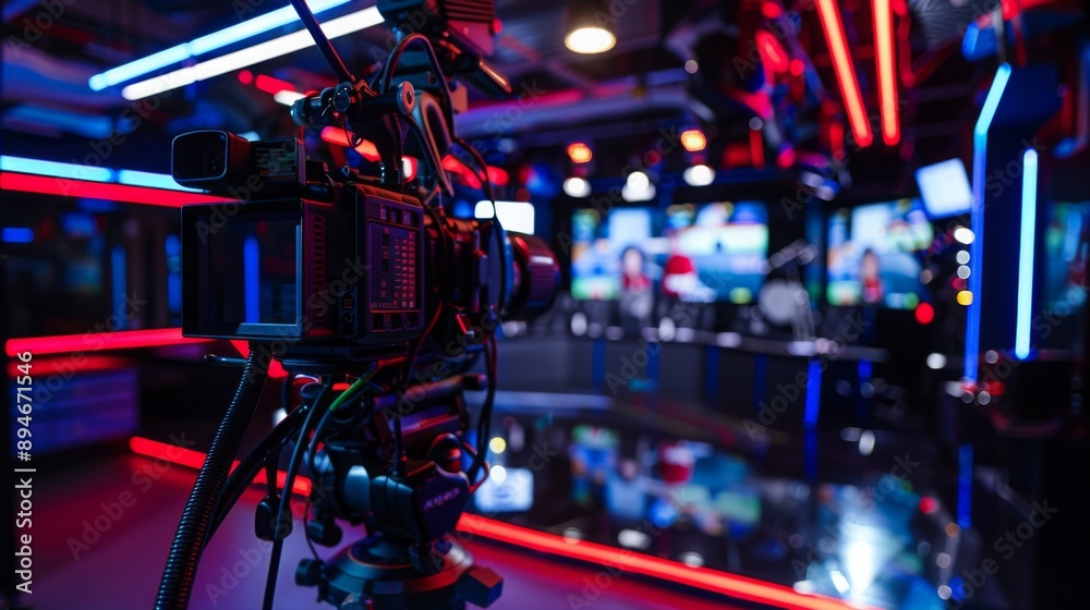 Aufkleber A close-up of a video camera positioned in a television studio. The studio is lit with colorful lights and monitors are visible in the background.