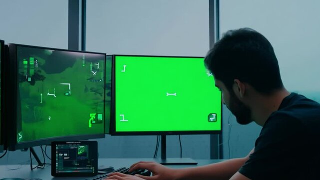 A game developer in casual wear, testing a game. Green screen backdrop. Soft, ambient lighting to reflect a tech office.