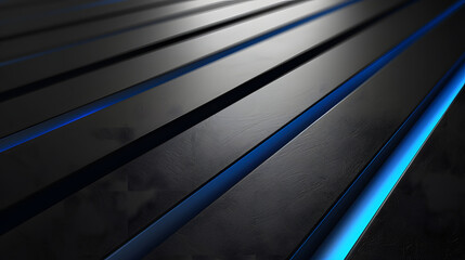 Sleek modern abstract design with black stripes and blue neon lines. Futuristic and minimalistic background with geometric patterns.