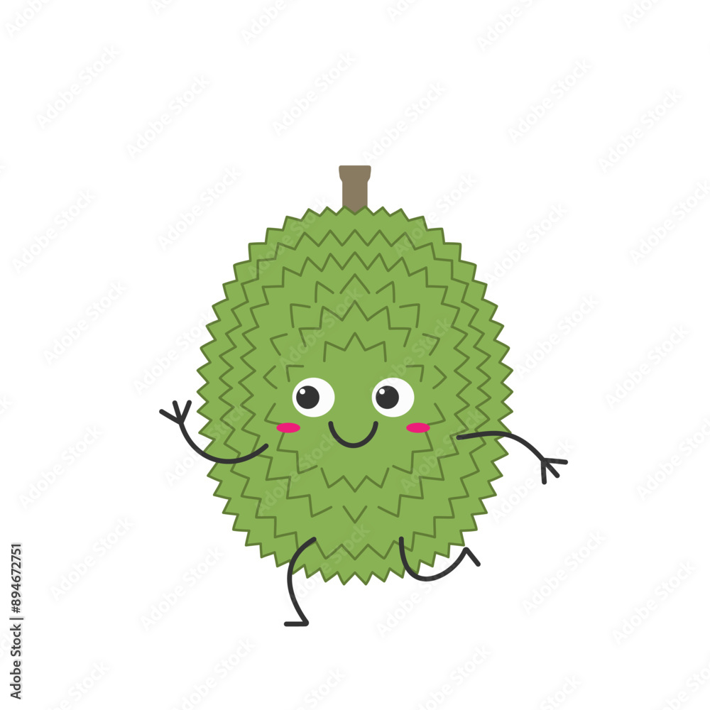 Wall mural durian fruit running cute character cartoon sweet smiling face kawaii happy emotions icon vector ill