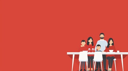 Red background, family celebrating holiday dinner, flat design illustration
