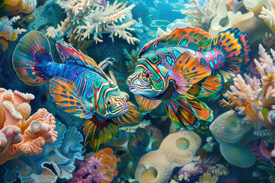 A pair of vibrant and rare mandarinfish swimming amongst colorful coral reefs in a crystal-clear ocean