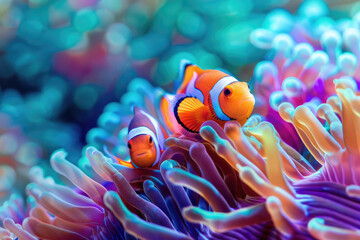 A pair of vibrant clownfish nestled within the tentacles of a sea anemone in a coral reef