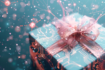 A futuristic gift box with a circuit board design adorned with a glowing bow surrounded by abstract digital elements
