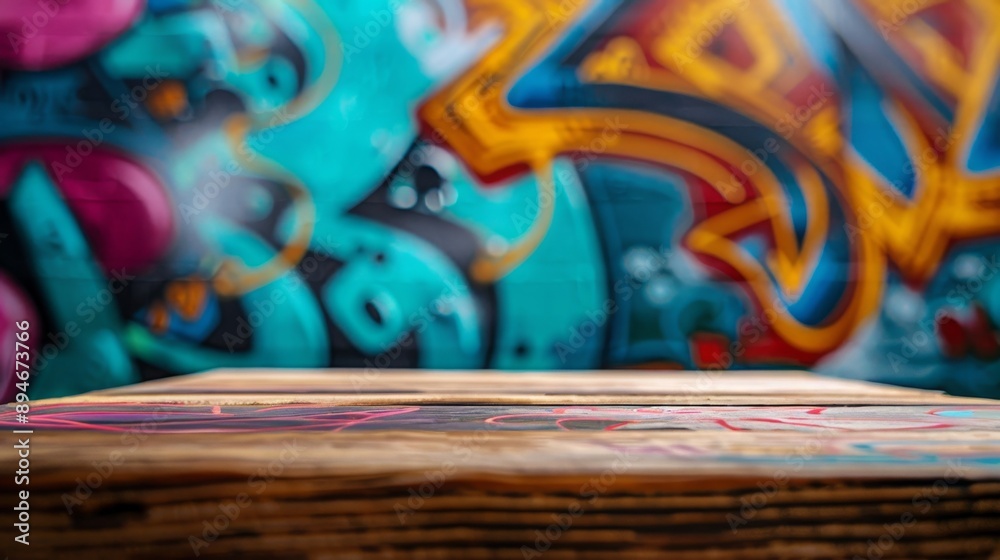 Aufkleber A close-up of a wooden surface with a blurred background of colorful graffiti art.