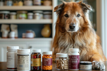 Fototapeta na wymiar A dog sitting next to a collection of health supplements for pets