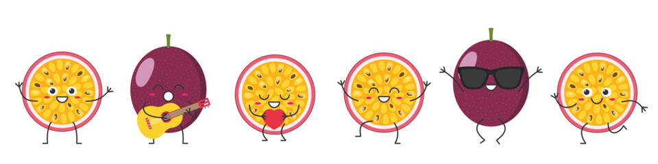 Set passion fruit cute character cartoon greeting jumping loves sings running funny smiling face happy joy emotions icon vector illustration.