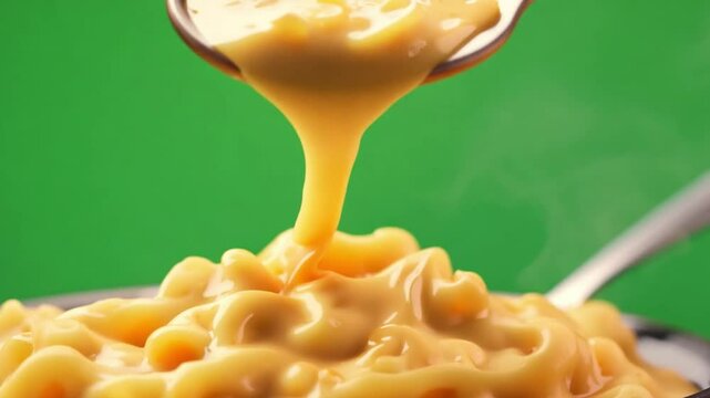 A bowl of creamy mac and cheese with a spoon scooping out a portion. Green screen backdrop. Warm, soft lighting to evoke comfort food vibes.