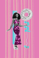 Composite trend artwork sketch photo collage of pink color backdrop silhouette party young woman fashion style hold air balloon model pose