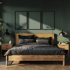  modern wooden bed with black pillows and bedside cabinets against green wall with posters frames 