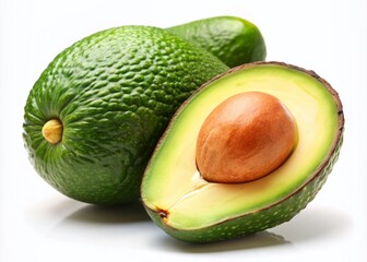 Freshly cut and whole avocado fruit isolated on a clean white background, showcasing vibrant green skin and creamy yellow flesh in high contrast.