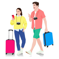 Set of young man and woman tourists with smartphones and passports and tickets. Travelers going on trip in casual clothes with a suitcase. Vector illustration set isolated on white