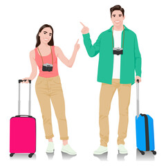 Set of young man and woman tourists with smartphones and passports and tickets. Travelers going on trip in casual clothes with a suitcase. Vector illustration set isolated on white