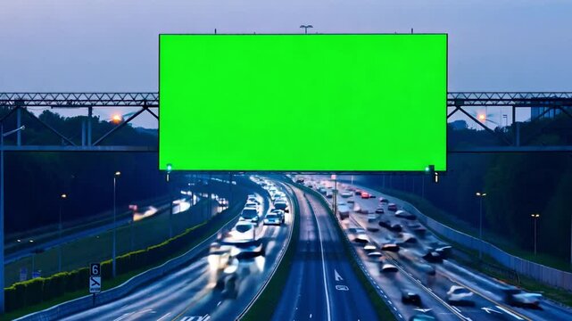 Time-lapse of a green-screen billboard on the side of a freeway with evening traffic.