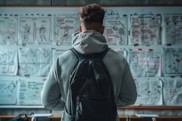 Fototapeta premium A man wearing a backpack stands in front of a white board with drawings on it