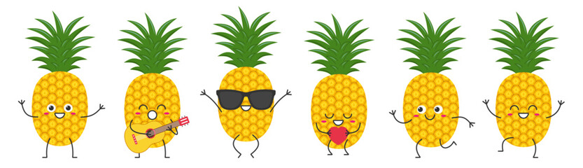 Pineapple fruit set character cartoon greeting jumping loves sings running cute funny smiling face happy joy emotions icon vector illustration.