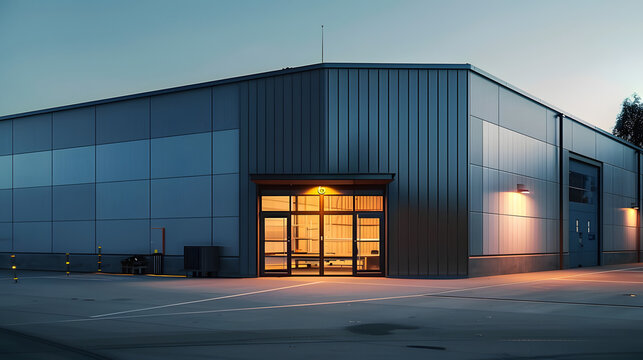 Exterior of a modern warehouse with a small office unit