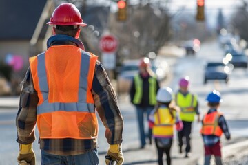 Obraz premium A man in a bright orange vest walks down the street with a group of children